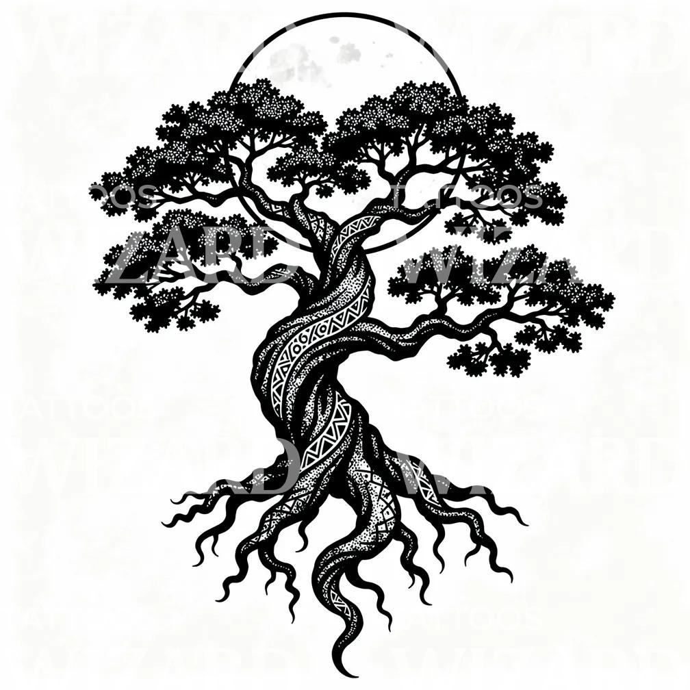 Moonlit Twisted Tree Tattoo Design