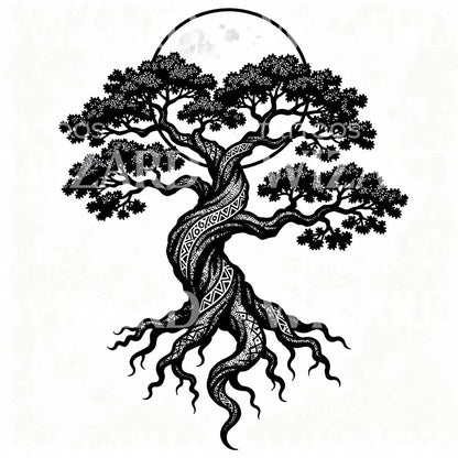Moonlit Twisted Tree Tattoo Design