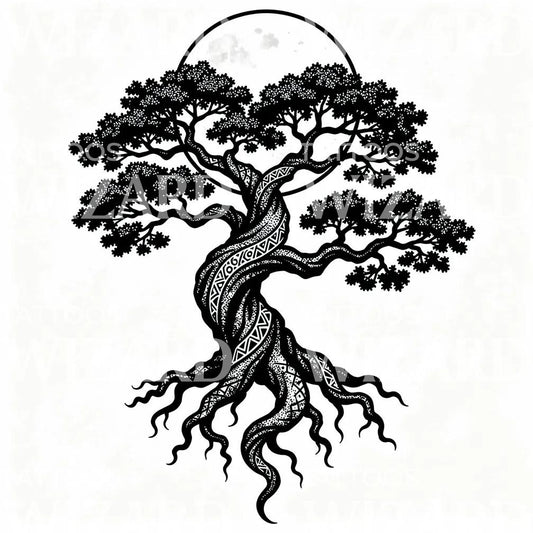 Moonlit Twisted Tree Tattoo Design