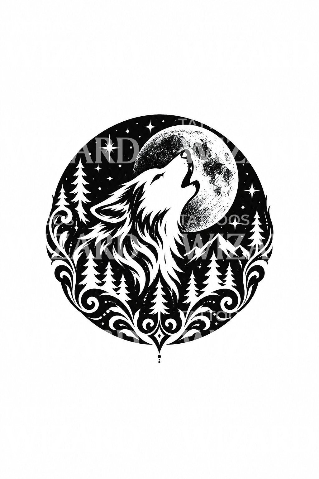 Rund emblem-tatoveringsillustration af en ulv i måneskin
