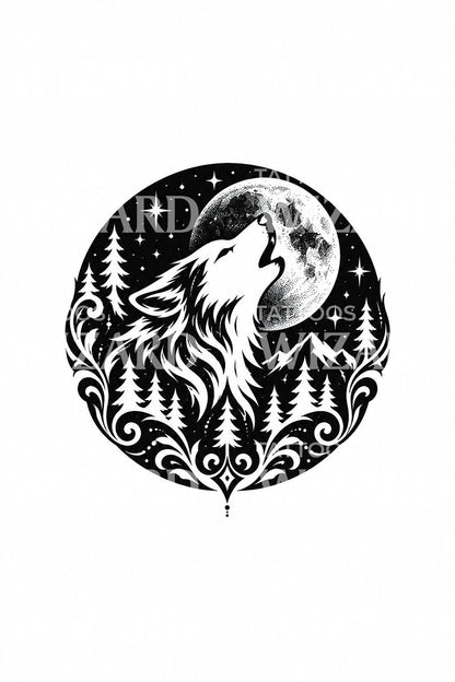 Rund emblem-tatoveringsillustration af en ulv i måneskin