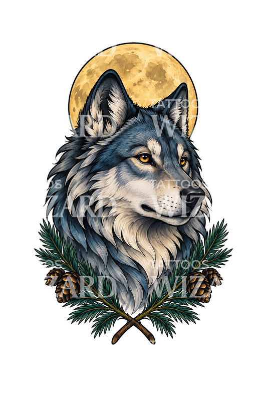 Design de tatuagem de lobo ao luar com ramos de pinheiro
