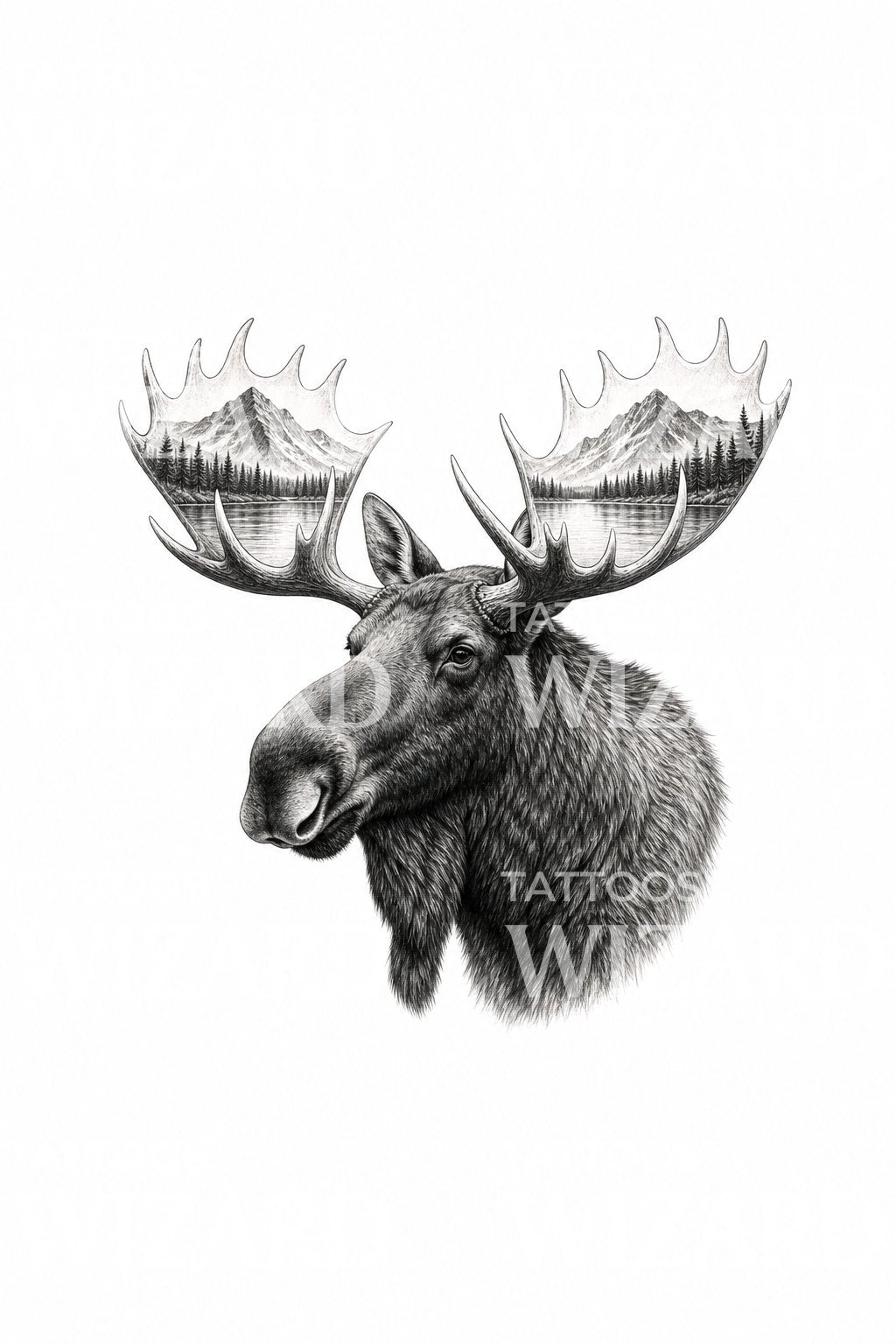 Ilustrasi Tato Tanduk Moose dengan Lanskap Pegunungan