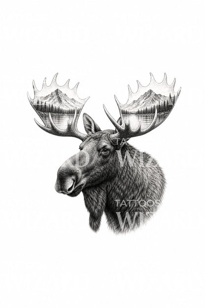 Ilustrasi Tato Tanduk Moose dengan Lanskap Pegunungan