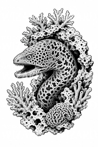 Moray Eel in Coral Tattoo Design