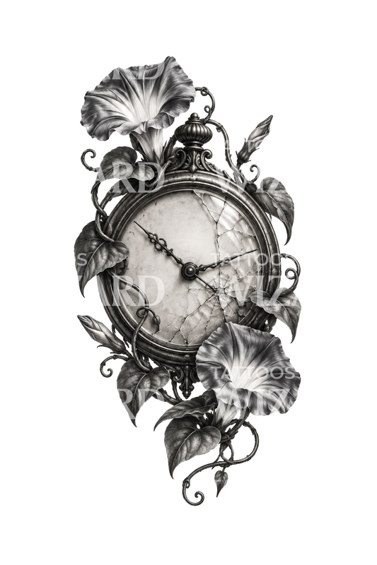 Glorias de la mañana alrededor de un reloj roto en tatuaje negro y gris