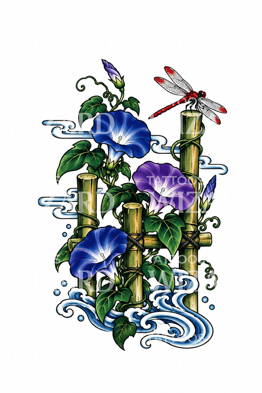 Morning Glories on Bamboo Fence with Dragonfly Japanese Tattoo