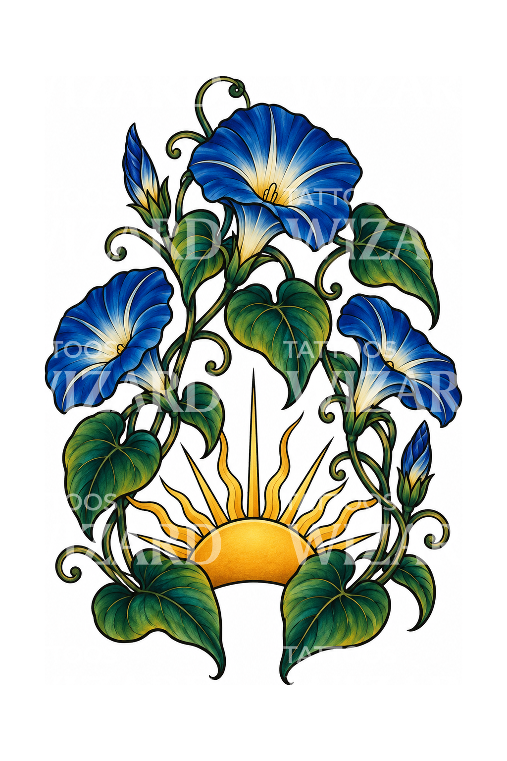 Morning Glories over a Rising Sun Tattoo Design