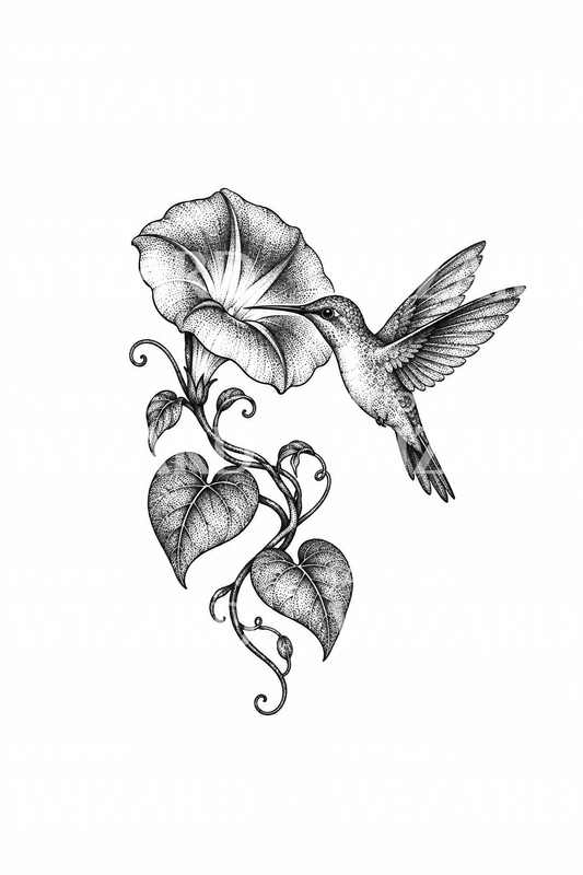 Dotwork-tatovering med praktsnerle og kolibri