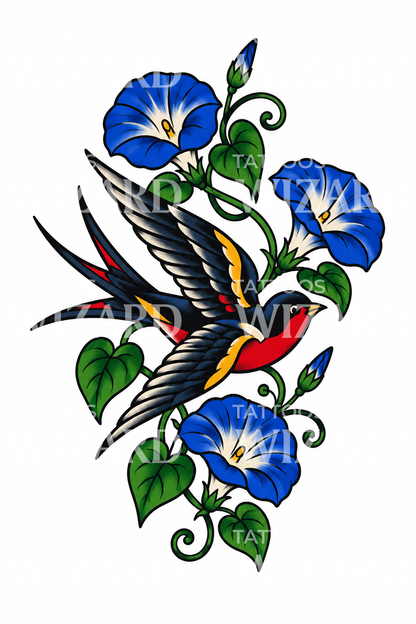 Ilustração flash de tatuagem de glória-da-manhã e andorinha