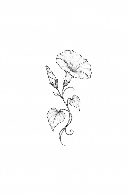 Tatuaggio fine line con bocciolo e fiore di ipomea