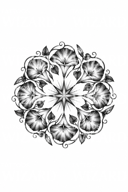 Morning Glory Mandala Dotwork Tattoo Design