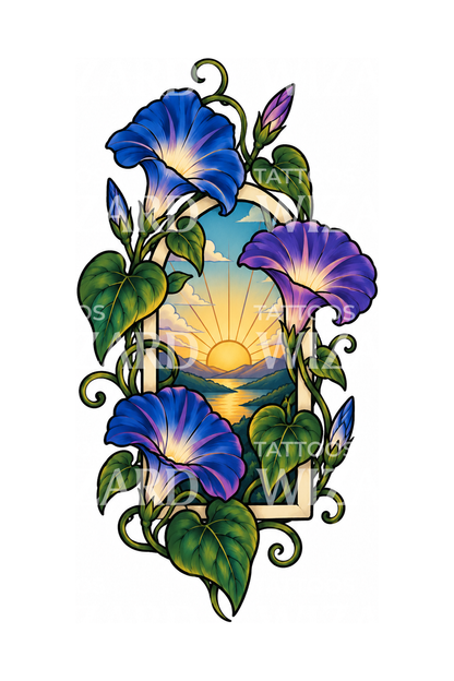 Morning Glory Sunrise Window Tattoo Design
