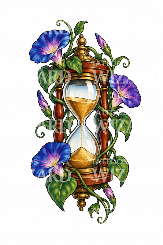 Tatuaje de gloria de la mañana alrededor de un reloj de arena antiguo