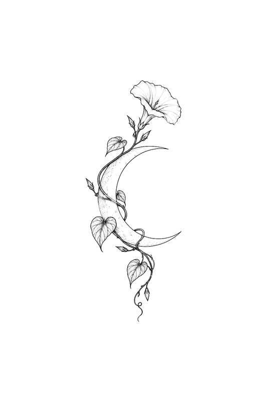 Fine line-tatoeage van ochtendglorie rond een maansikkel