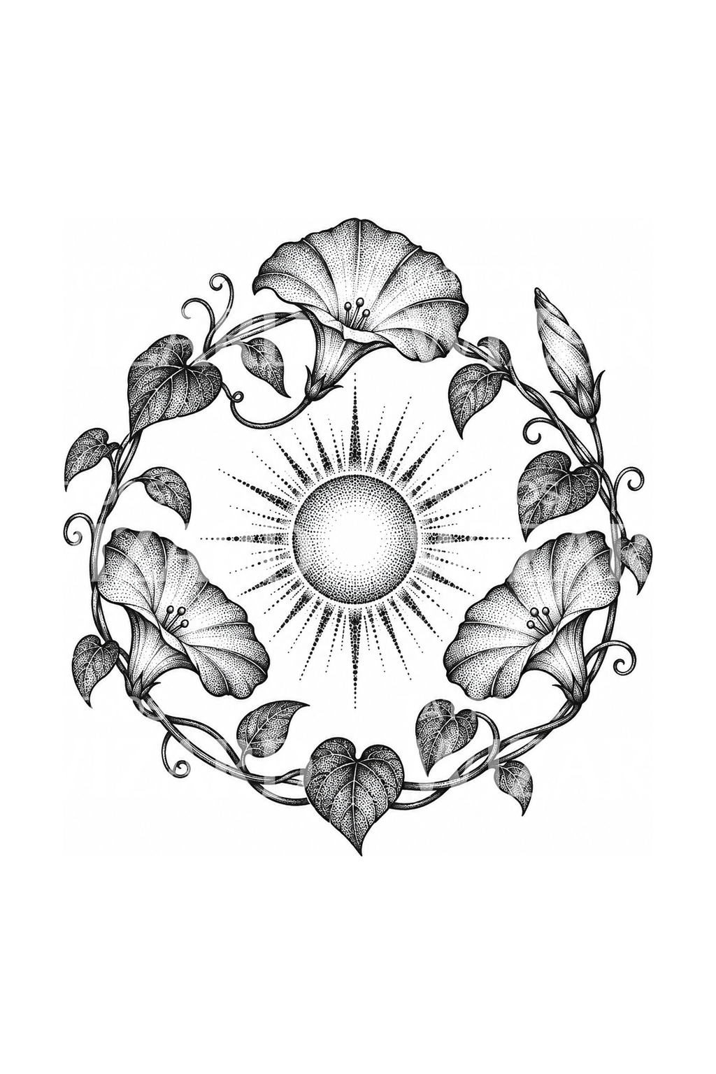 Tatuaje dotwork de campanilla que rodea el sol