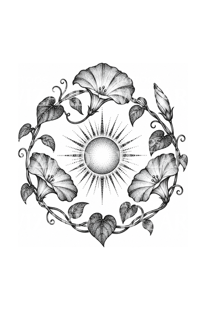 Tatuaje dotwork de campanilla que rodea el sol