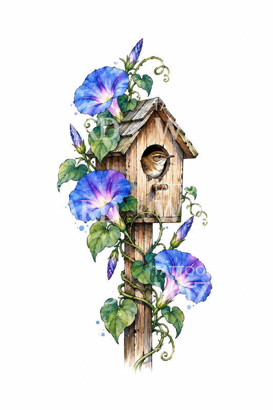 Morning Glory Vine on Birdhouse with Wren Tattoo Design (Bahasa Indonesia)