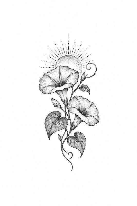 Dotwork-tatoveringsidé med morning glory og solopgang