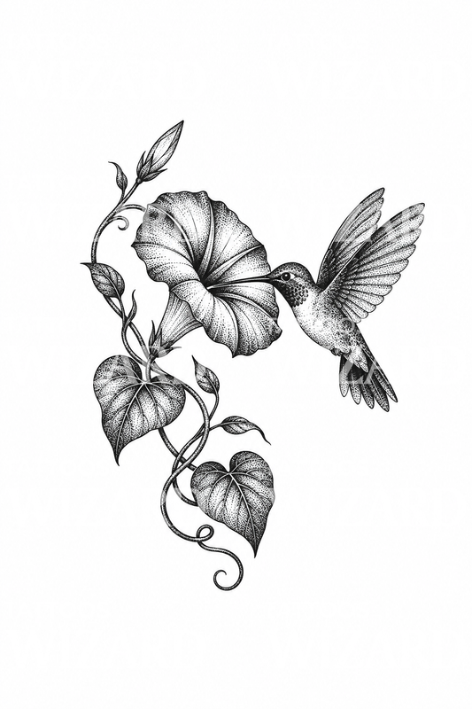 Dotwork-tatovering med morgenfrue og kolibri