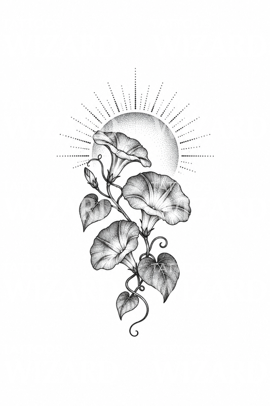 Morning Glory with Rising Sun Tattoo Idea