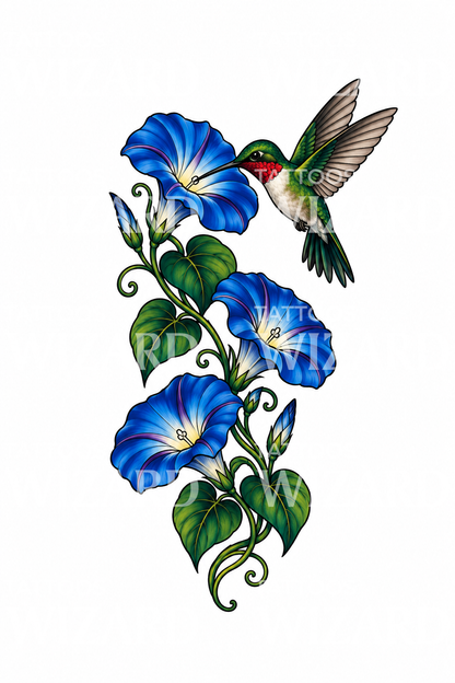 Morning Glory with Ruby Hummingbird Tattoo Illustration