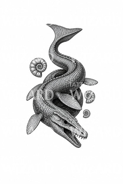 Mosasaur and Ammonites Tattoo Illustration