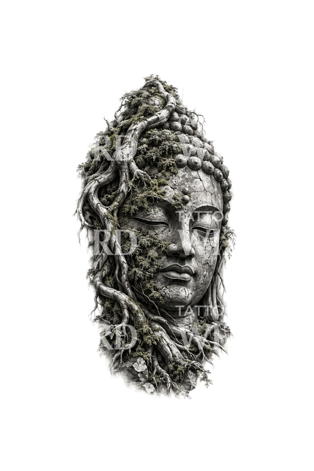 Statue de Bouddha couverte de mousse avec racines, tatouage noir et gris