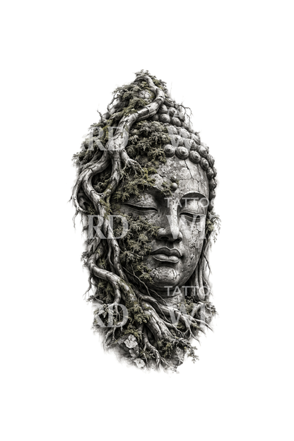 Statue de Bouddha couverte de mousse avec racines, tatouage noir et gris