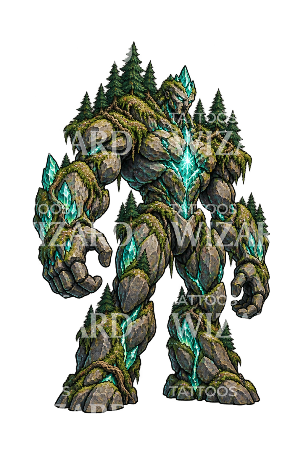 Mosbeklædt stengolem-kaiju med krystalårer, tatoveringsillustration