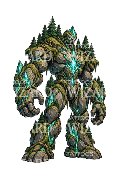 Mosbeklædt stengolem-kaiju med krystalårer, tatoveringsillustration
