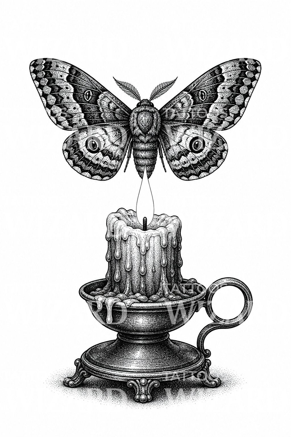 Design de tatouage d'un papillon de nuit au-dessus d'une flamme de bougie