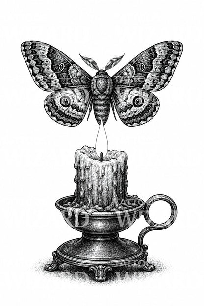 Design de tatouage d'un papillon de nuit au-dessus d'une flamme de bougie