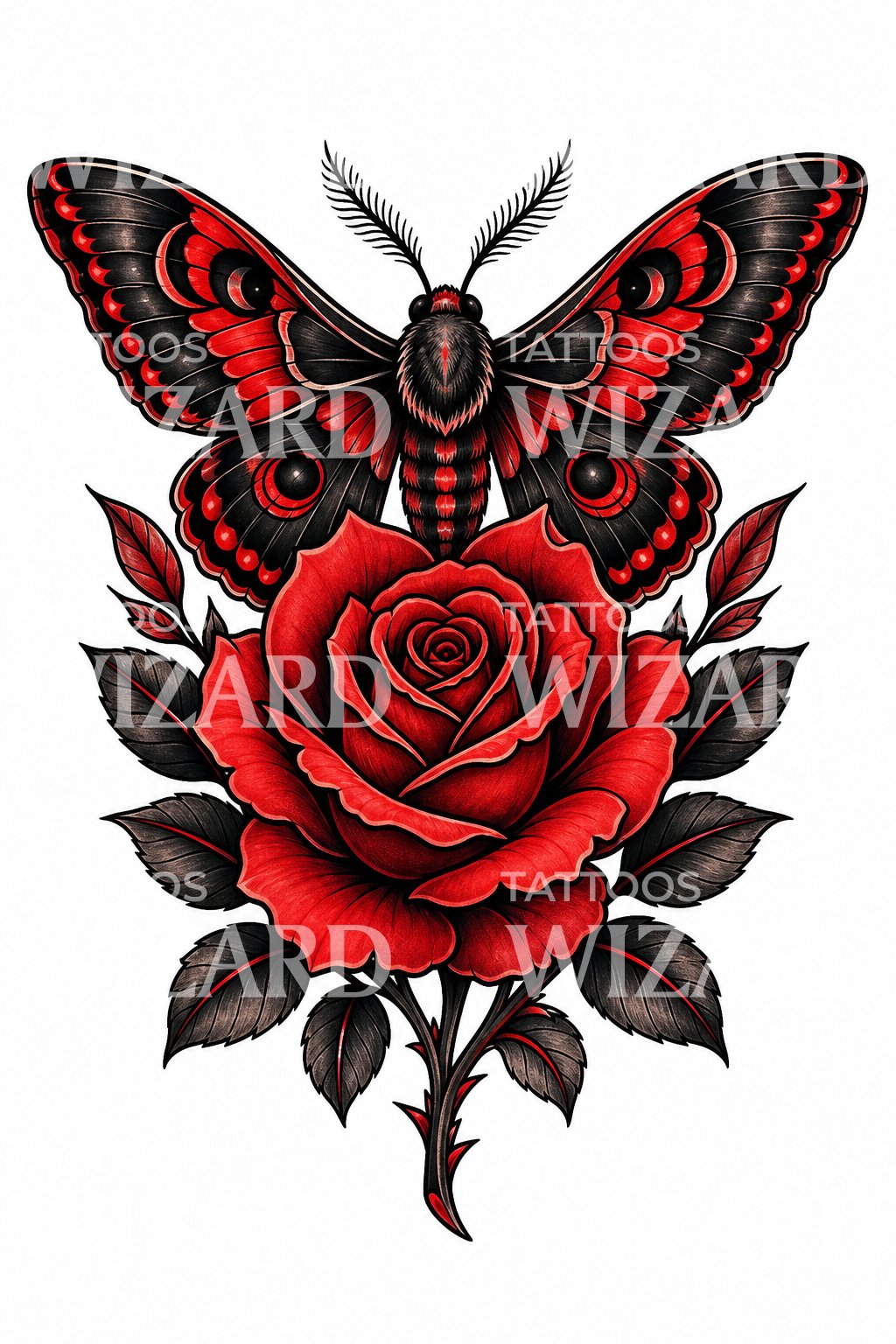Moth and Rose Tattoo Design