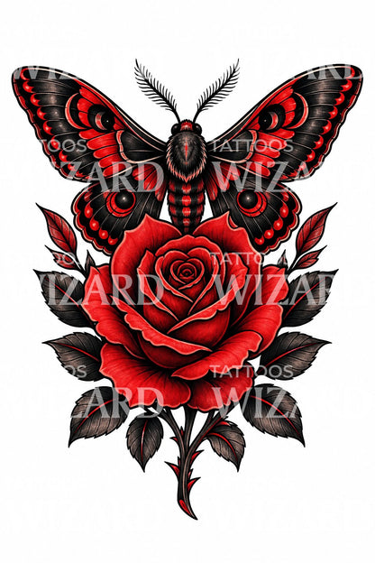 Moth and Rose Tattoo Design