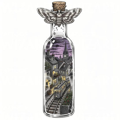Moth Bottle City Tattoo Design