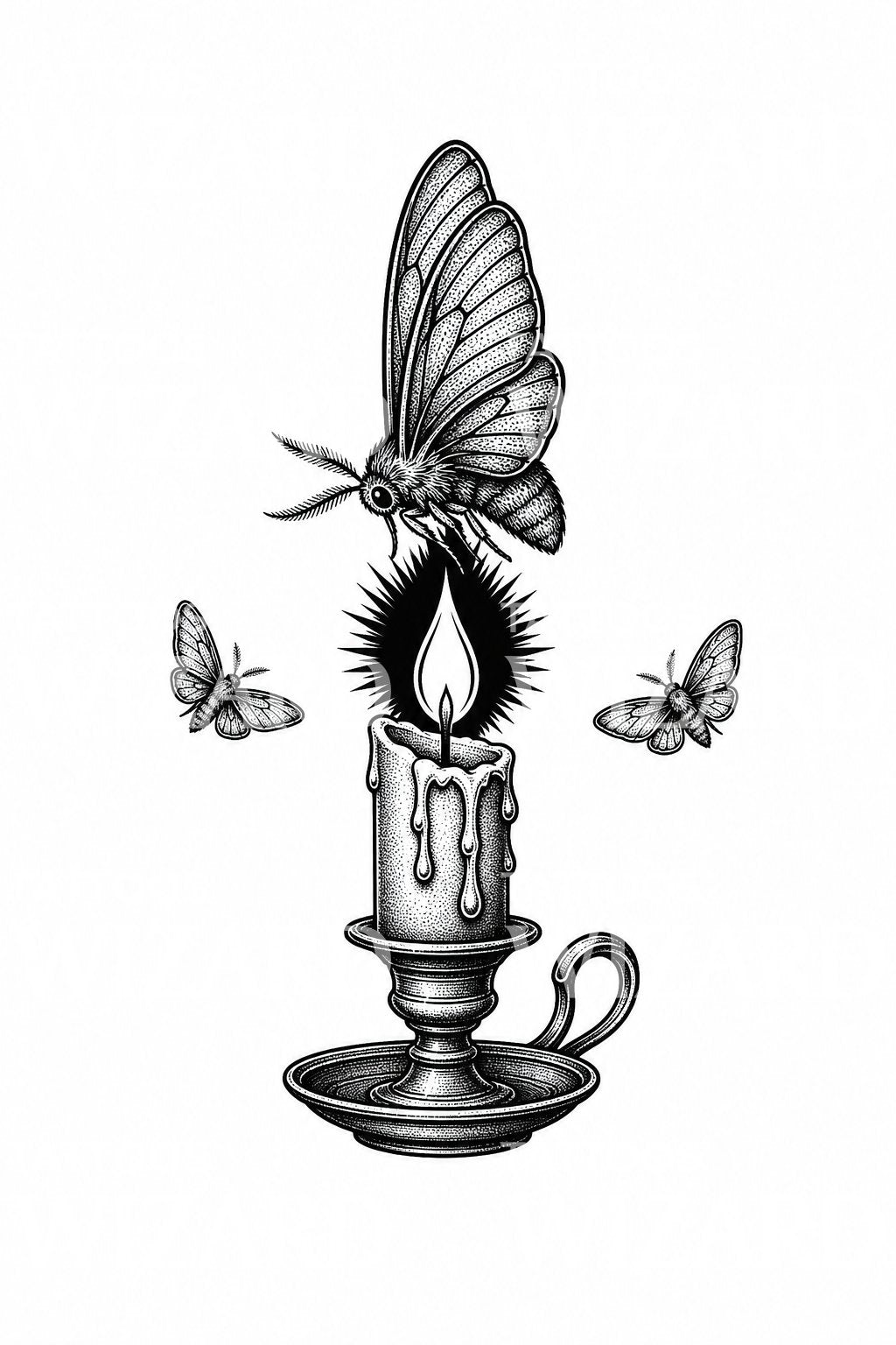 Moth Drawn to a Candle Tattoo Illustration
