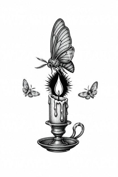 Moth Drawn to a Candle Tattoo Illustration