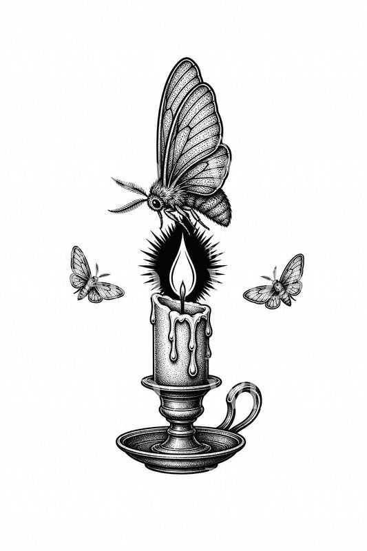 Ilustracja tatuażu ćmy przyciąganej przez świecę