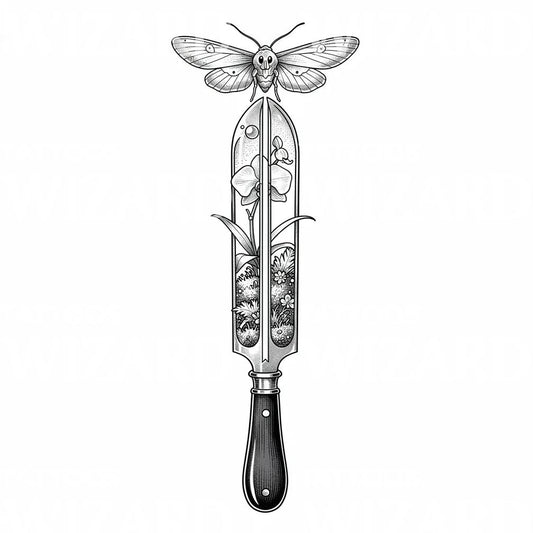 Moth Garden Trowel Tattoo Design