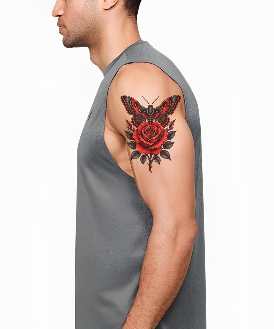 Moth and Rose Tattoo Design