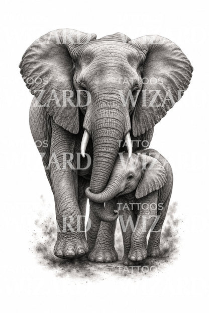 Mother and Baby Elephant Tattoo Design
