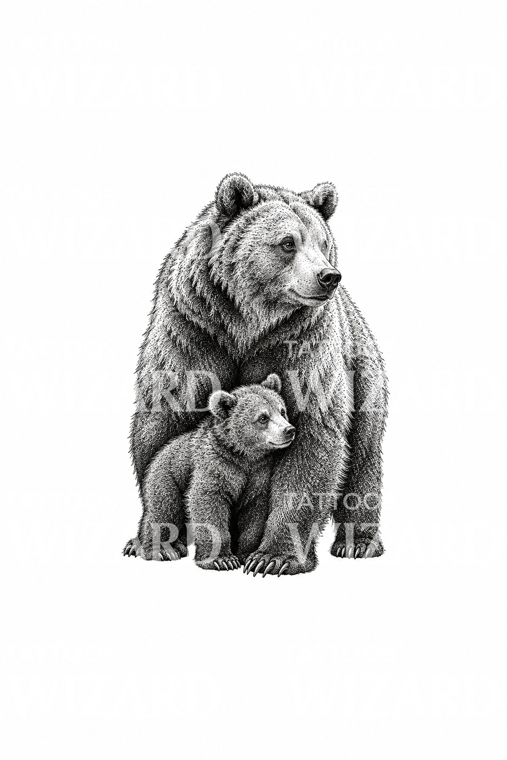 Stippling-tatuering av en björnmamma och unge