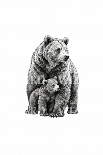 Stippling-tatuering av en björnmamma och unge
