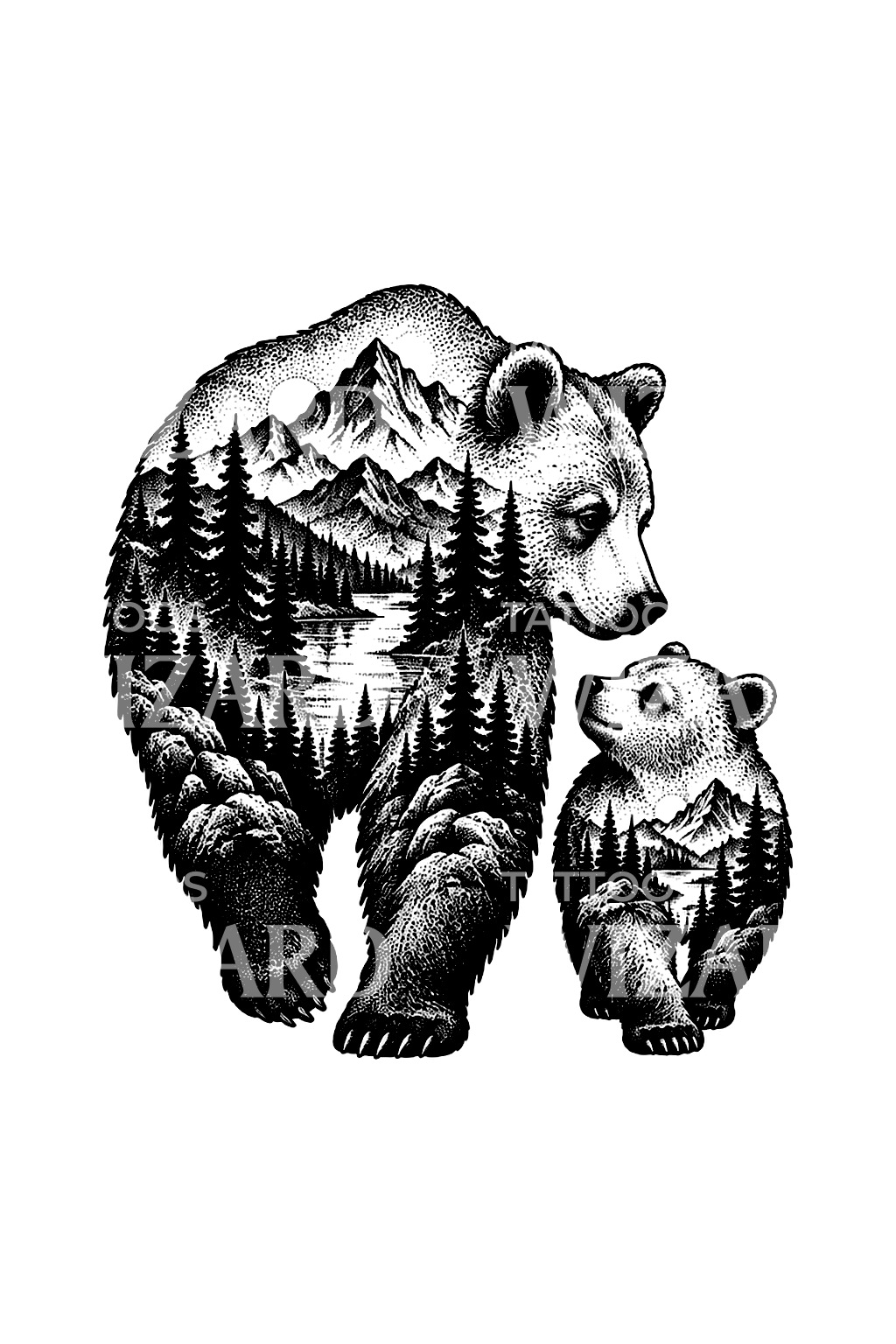 Medvědice s mládětem a lesem uvnitř, dotwork tetování