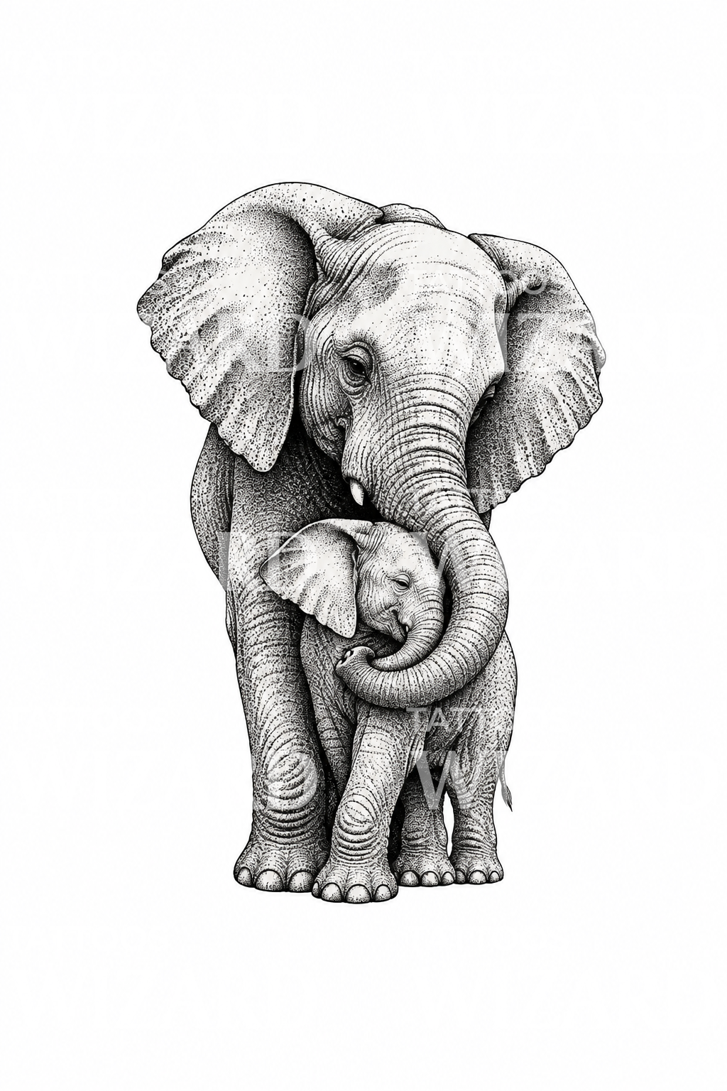 Morselefant, der omfavner sin kalv, i dotwork-tatovering