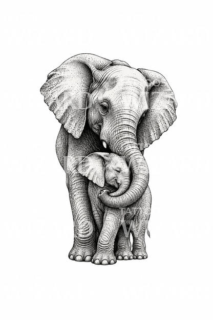 Morselefant, der omfavner sin kalv, i dotwork-tatovering