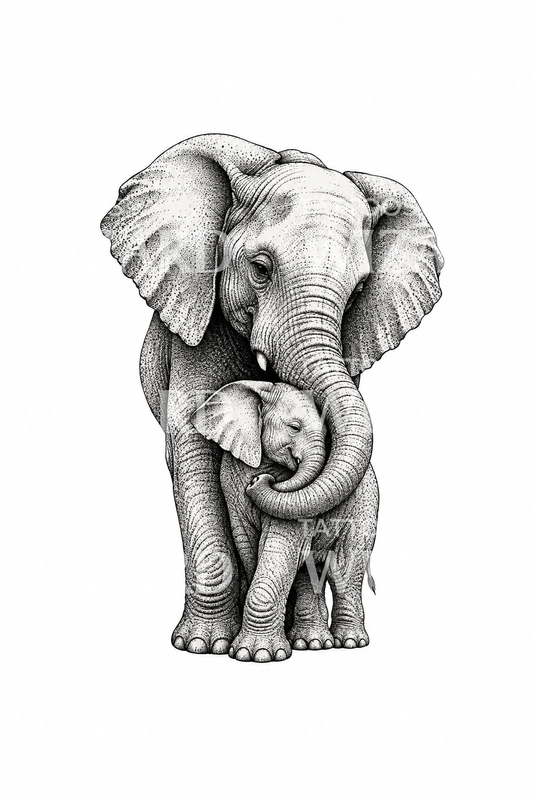 Moederelefant omarmt haar kalf in dotwork-tattoo