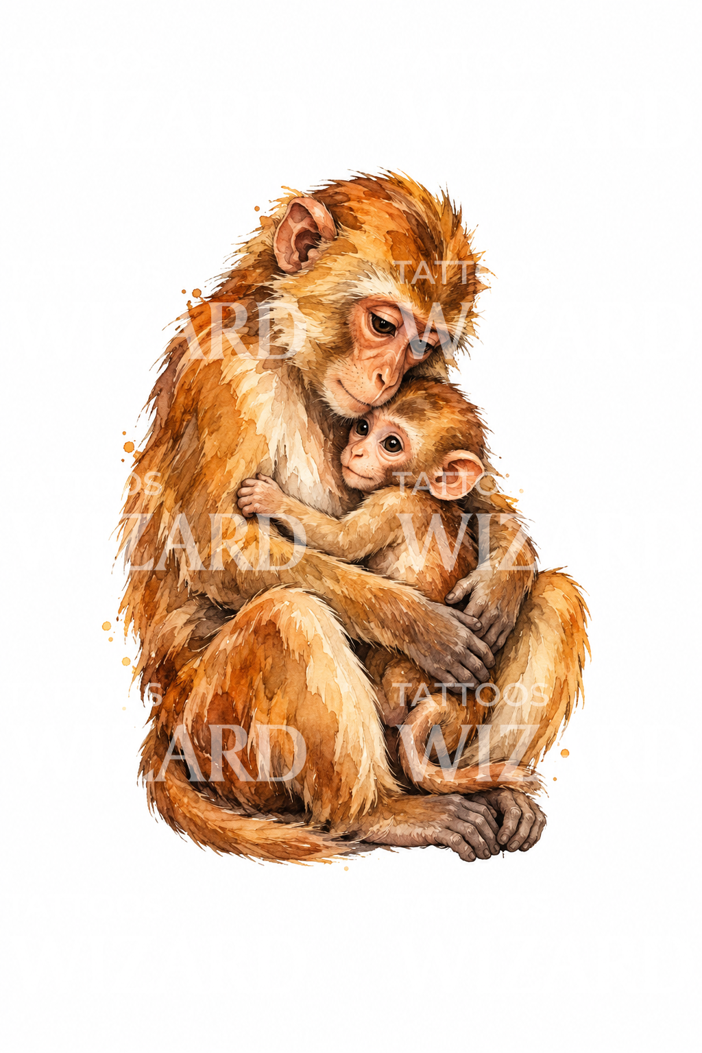 Tattoo-illustratie van een apenmoeder die haar baby omhelst