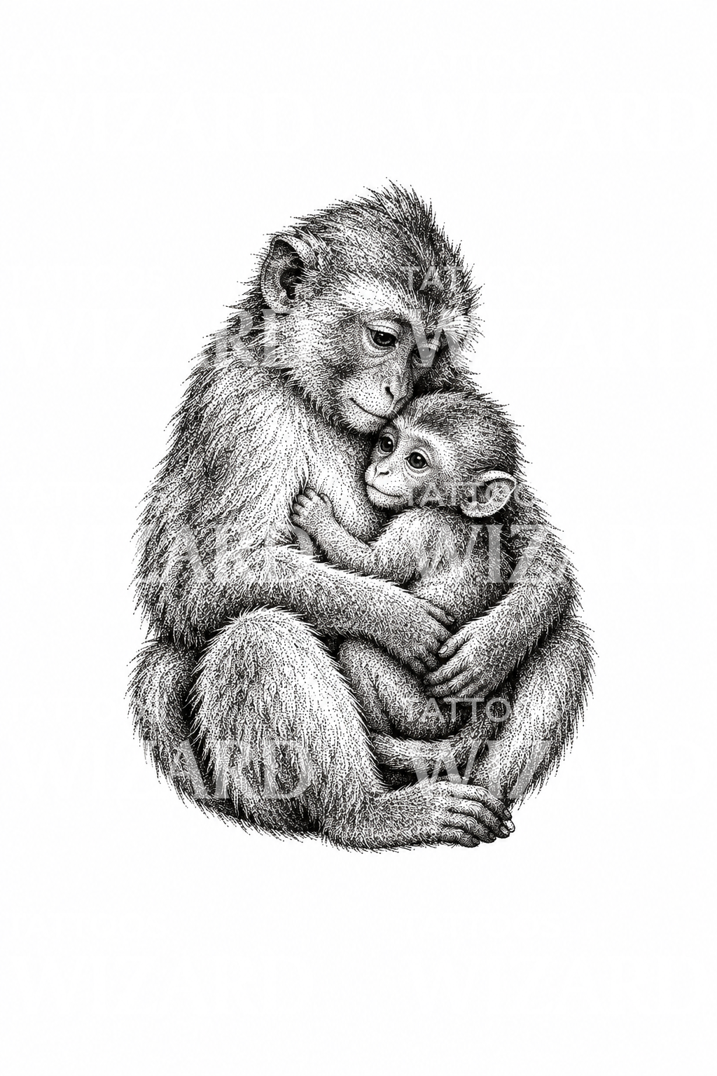Illustration av en apmamma som omfamnar sin unge, tatueringsidé